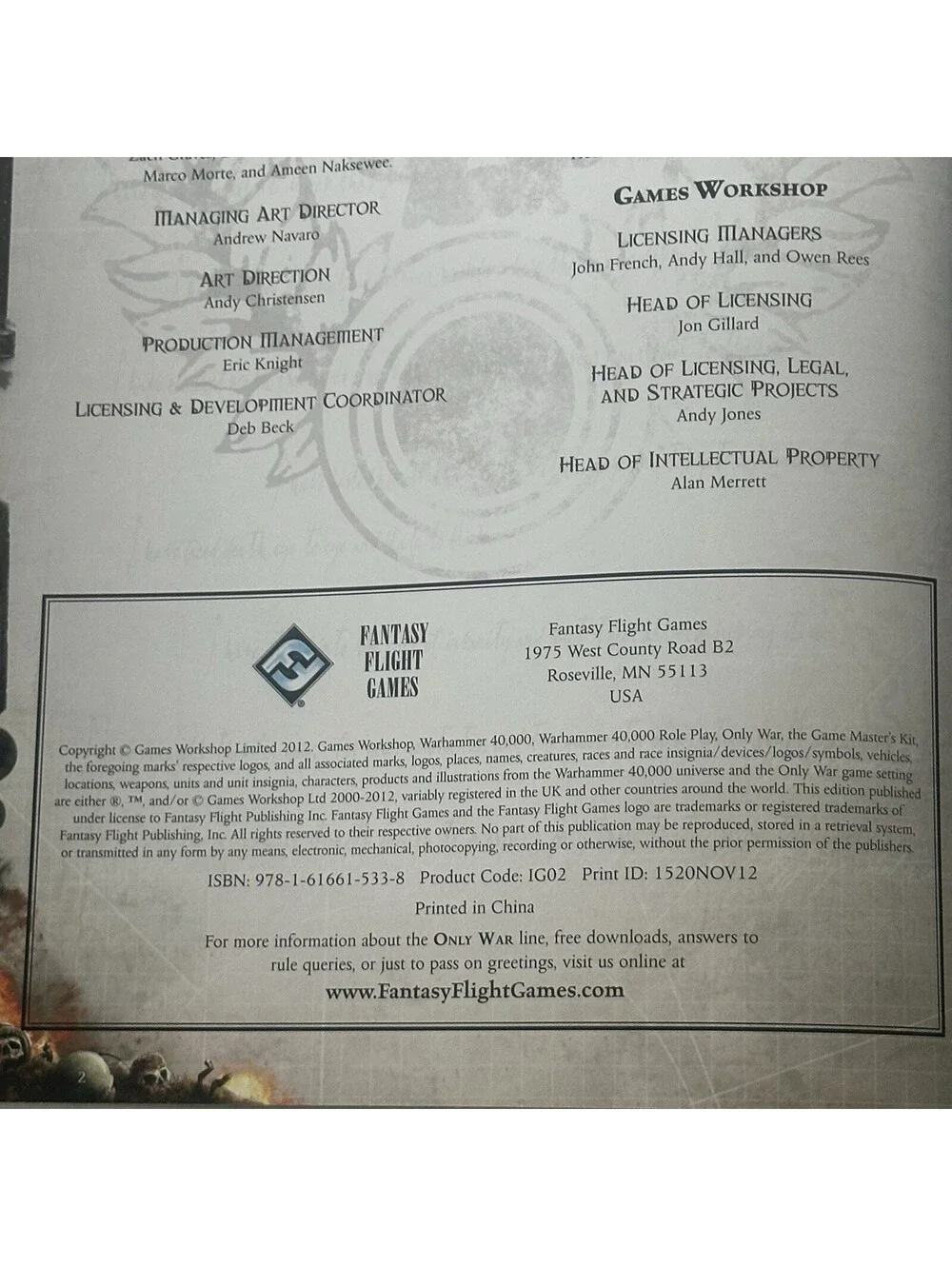 FFG Only War Game Master's Kit VG+